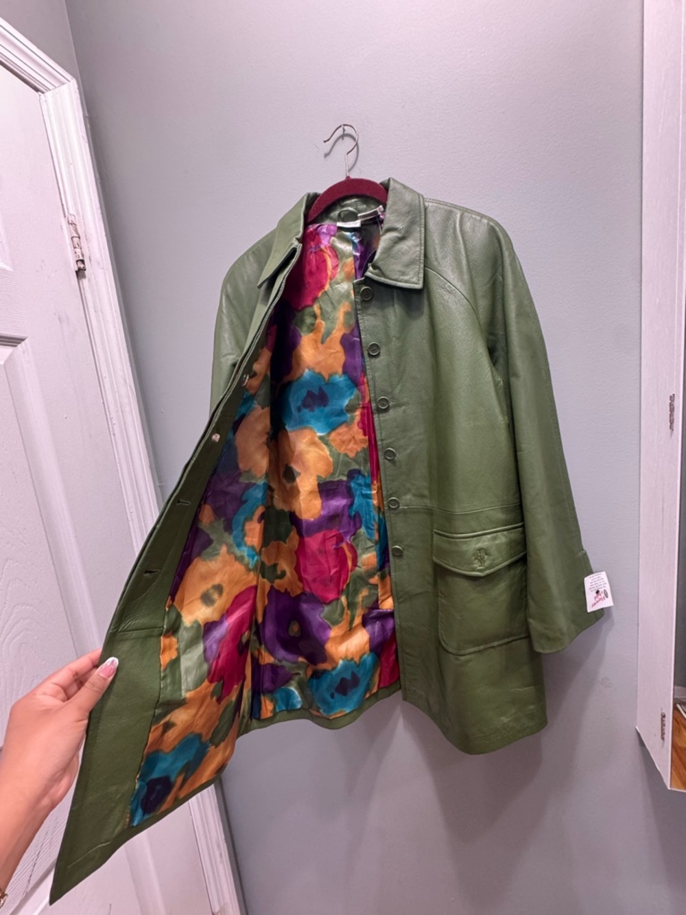Newport News Light Green Leather Jacket with Colorful Lining - Picture 2 of 5
